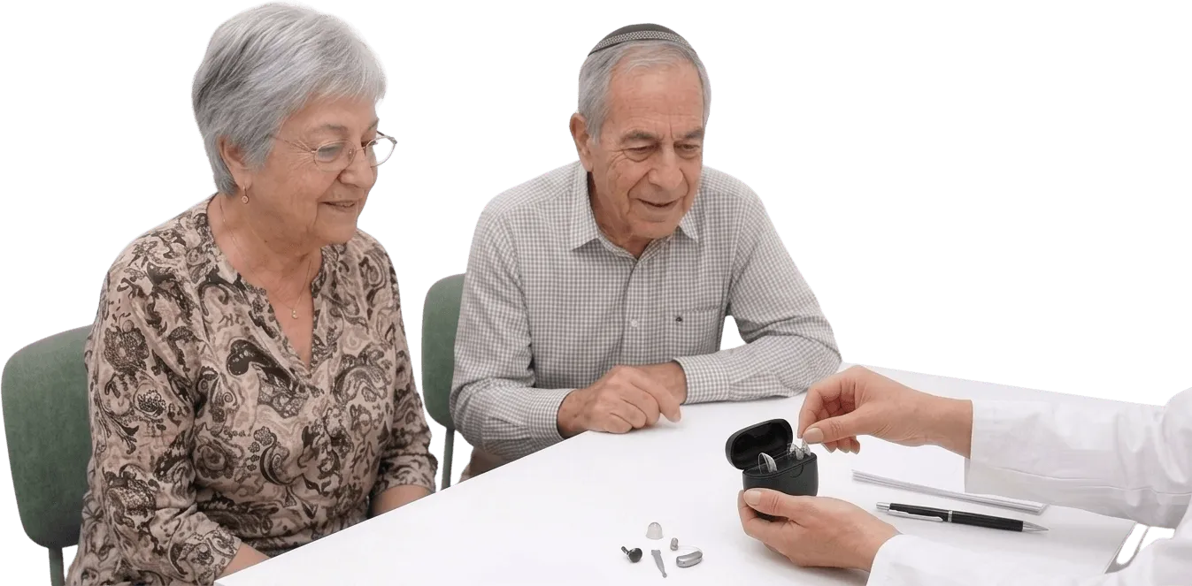 זוג בשיחה עם קלינאית תקשורת על בחירת מכשיר שמיעה, סביב שולחן הייעוץ.